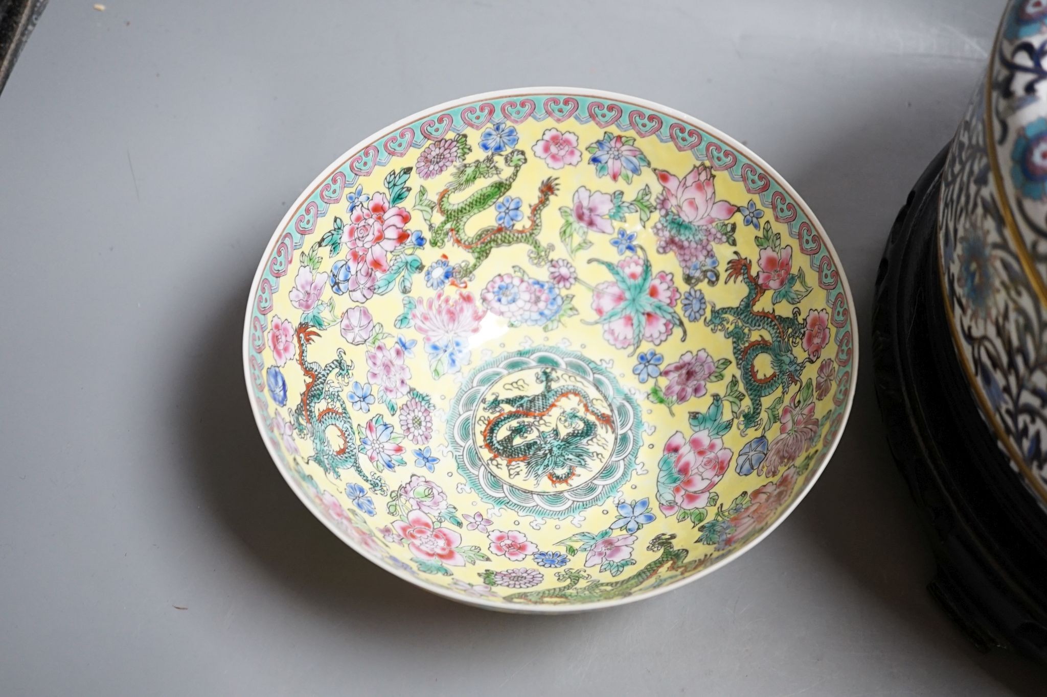 A Chinese cloisonne enamel box and cover, wood stand and a boxed eggshell porcelain bowl